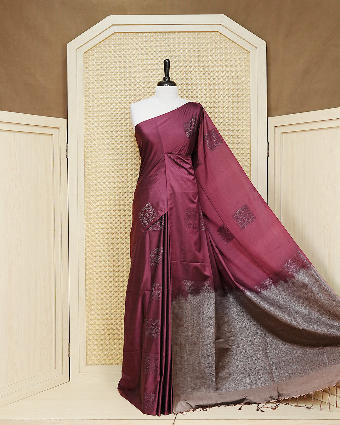 Deep wine colour soft silk saree