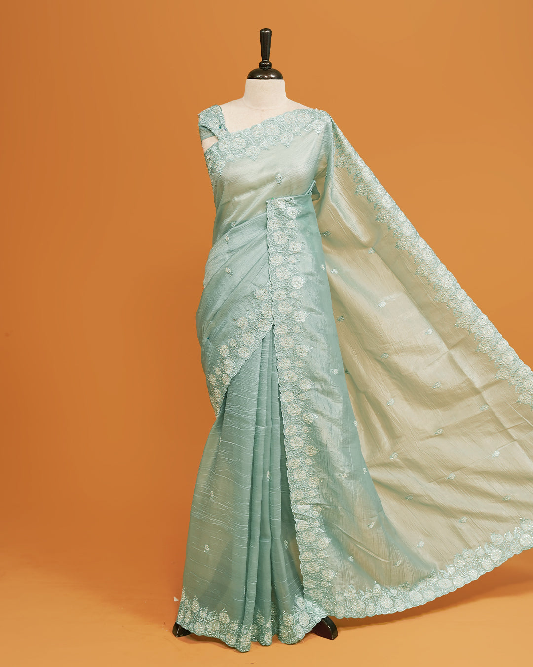 Mint Blue colour Crush organza saree with Cut Beats & Sequins.