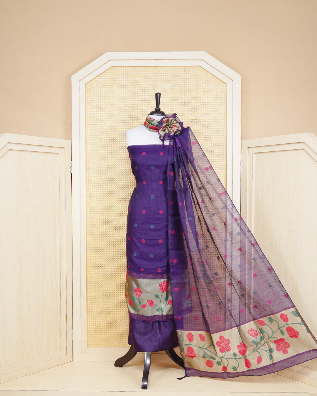 Dark purple Colour Semi Linen suit Material Featuring Floral Thread motifs on Body, Paired with Matching Bottom & Elegant Dupatta