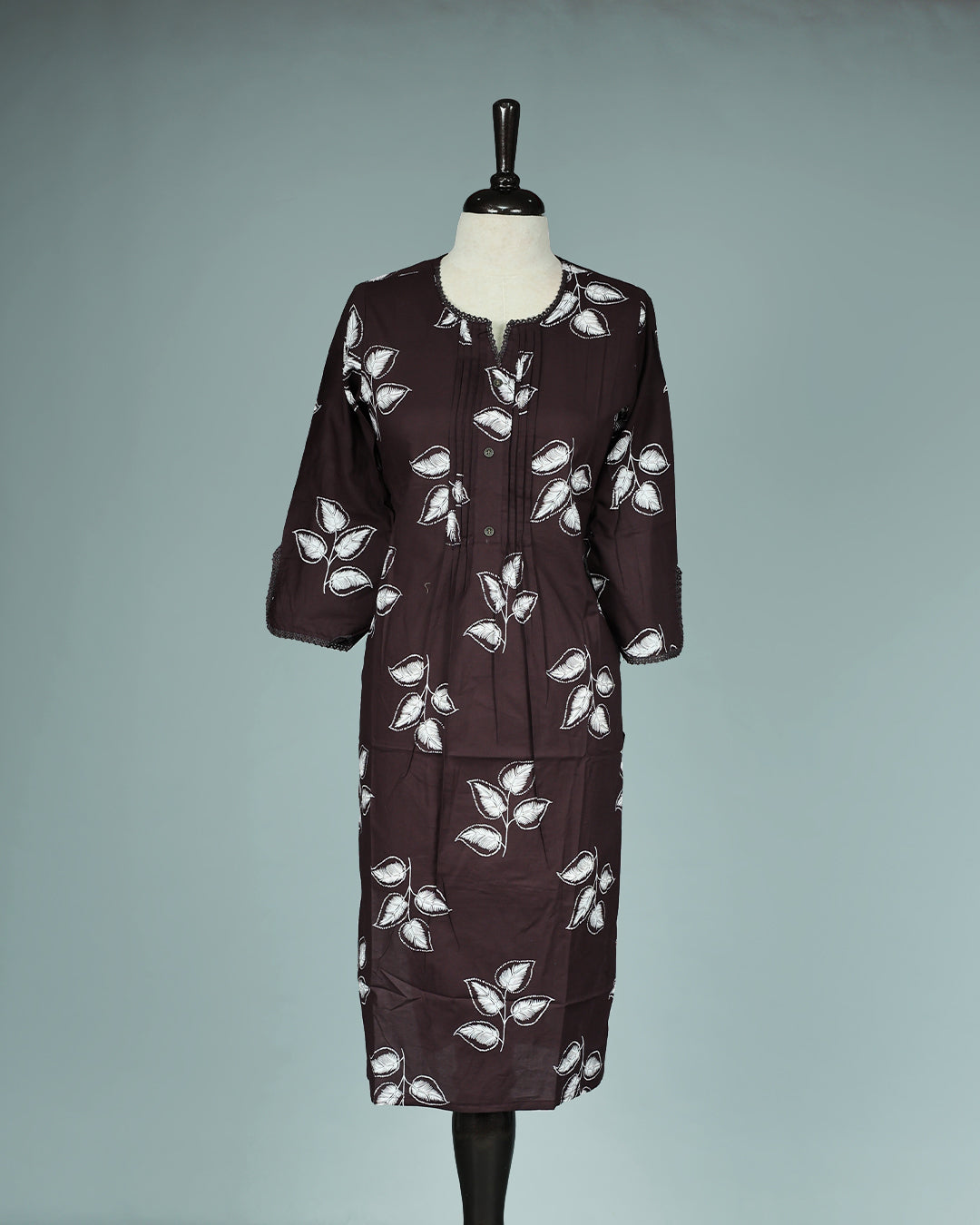 Dark Chocolate Colour Kurti featuring print Work On body , a Round with V neckline, With sleeve.