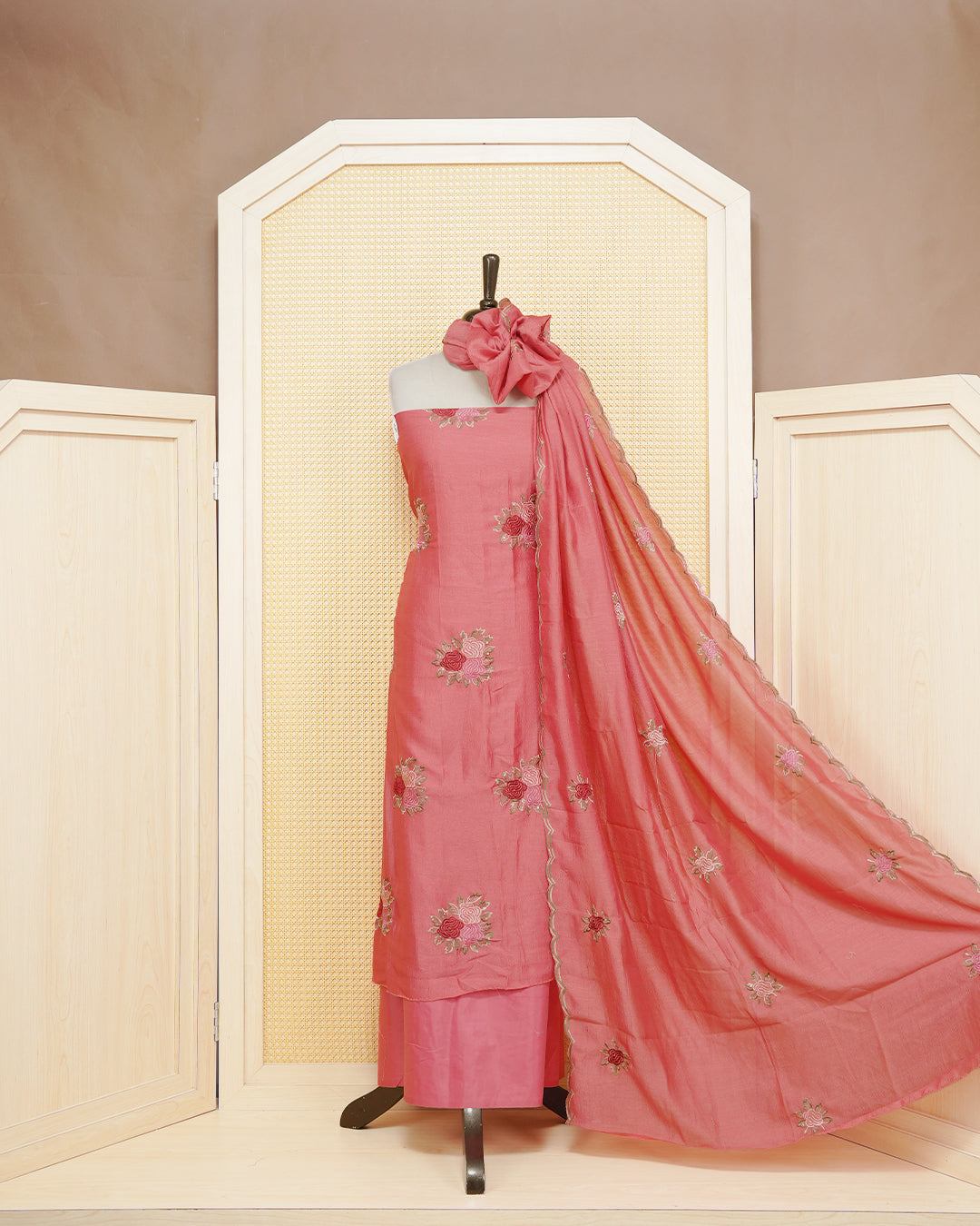 Pink Colour Georgette Salwar Material Featuring Thread Work on body, Paired With Matching Bottom & Elegant Dupatta