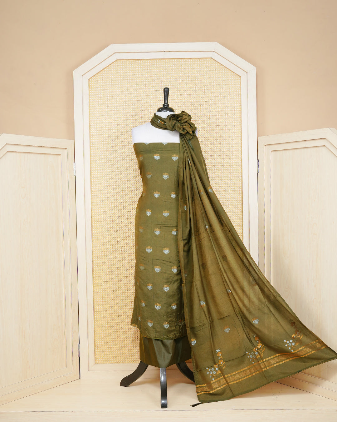 Olive green colour Banaras salwar material Featuring Gold & silver Zari Floral motifs on body, paired with matching bottom & Elegant Dupatta