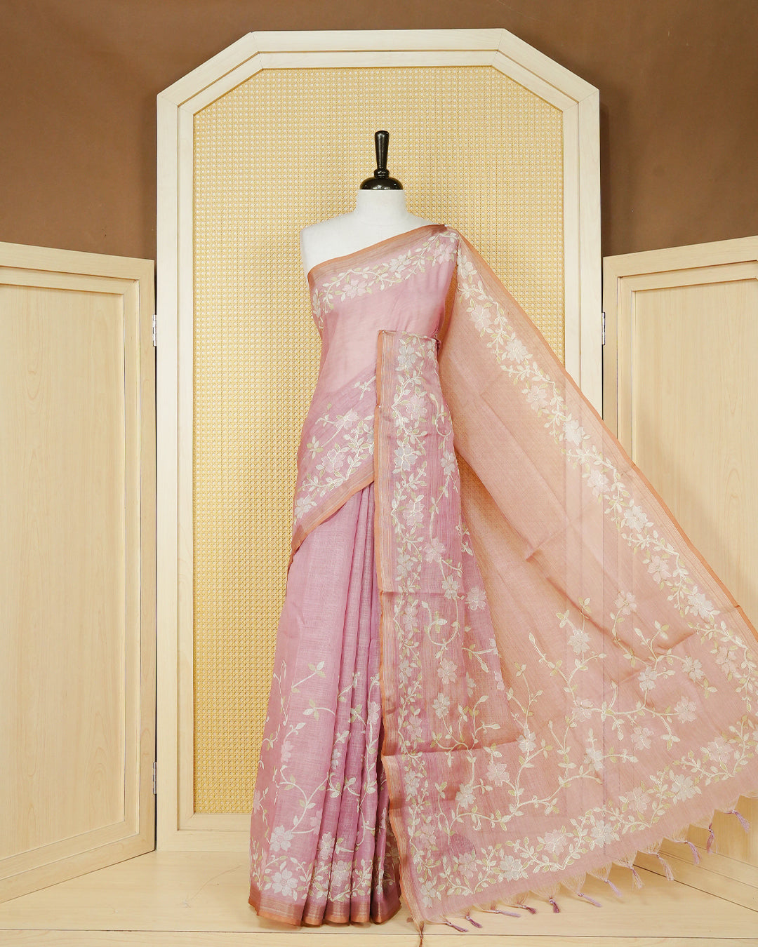 Onion Pink colour linen tissue BKU inspired saree.