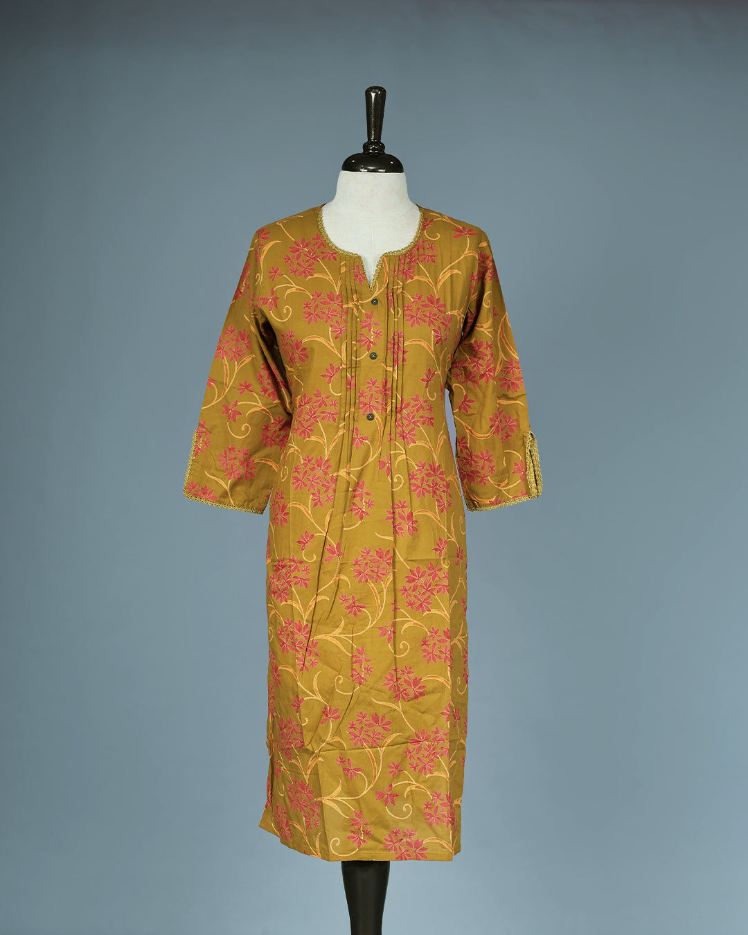 Olive Colour Kurti featuring print Work On body , a Round with V neckline, With sleeve.
