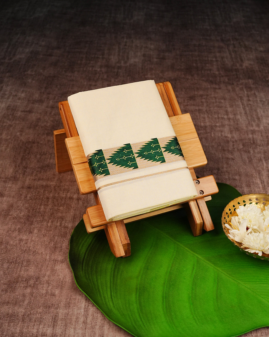 Cream Coloured Cotton Double Dhoti Finished with Green Temple & Floral Printed Gold Kara