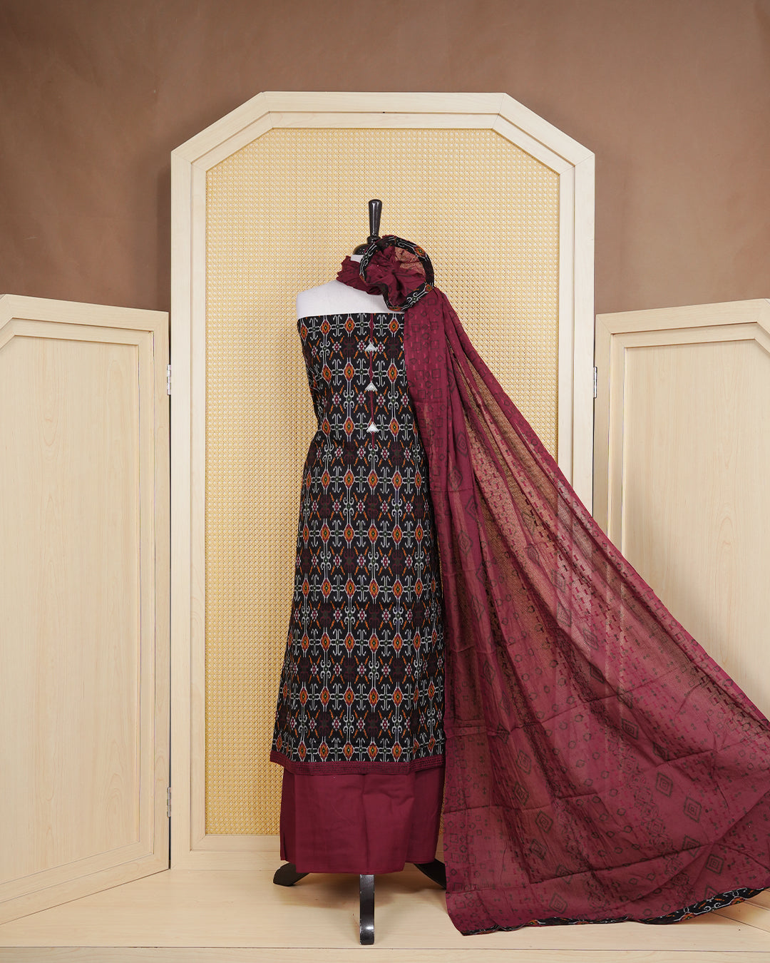 Black Colour Cotton Salwar Material Featuring Print Pattern on body, Paired With Matching Bottom & Elegant Dupatta