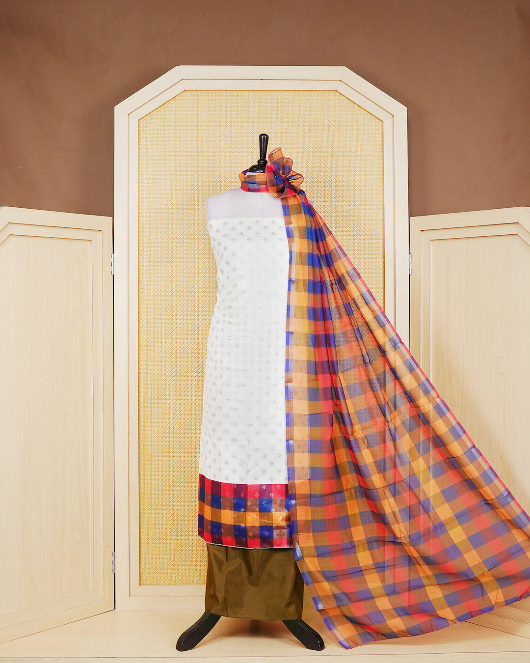 White & Olive Chanderi salwar material featuring Gold zari Small motifs on body and Check pattern body, paired with matching colour santoon bottom, elegant dupatta.