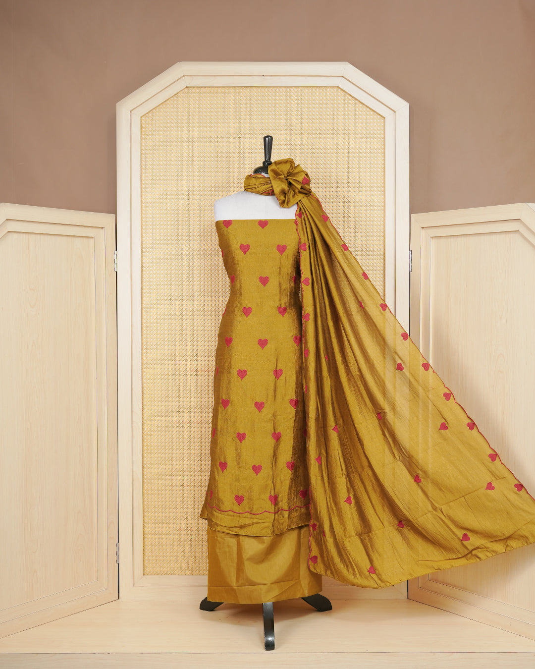 Golden Olive Colour Georgette Salwar Material Featuring Red Heart Shape Thread Work on body, Paired With Matching Bottom & Elegant Dupatta