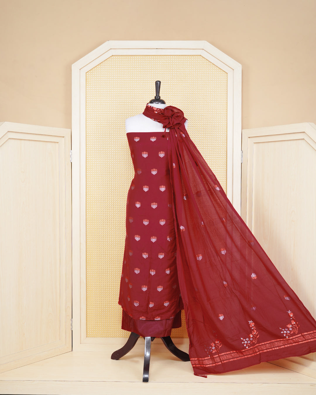 Maroon colour Banaras salwar material Featuring Gold & silver Zari Floral motifs on body, paired with matching bottom & Elegant Dupatta