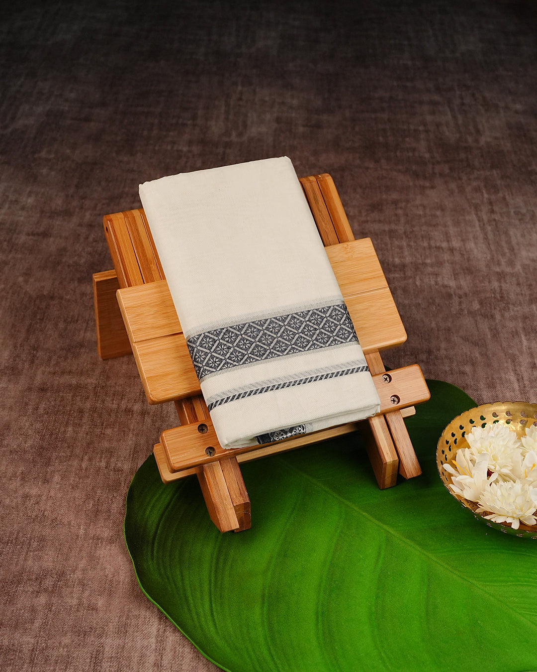 Cream Coloured Cotton Double Dhoti Finished with Navy Blue Designed Silver Kara