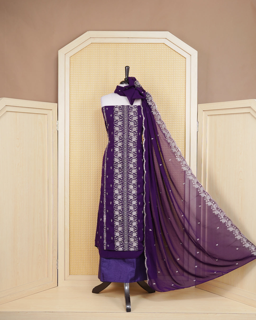 Violet colour Georgget Salwar Material Featuring Gold Thread Work on body, paired with matching Bottom & Elegant Dupatta.