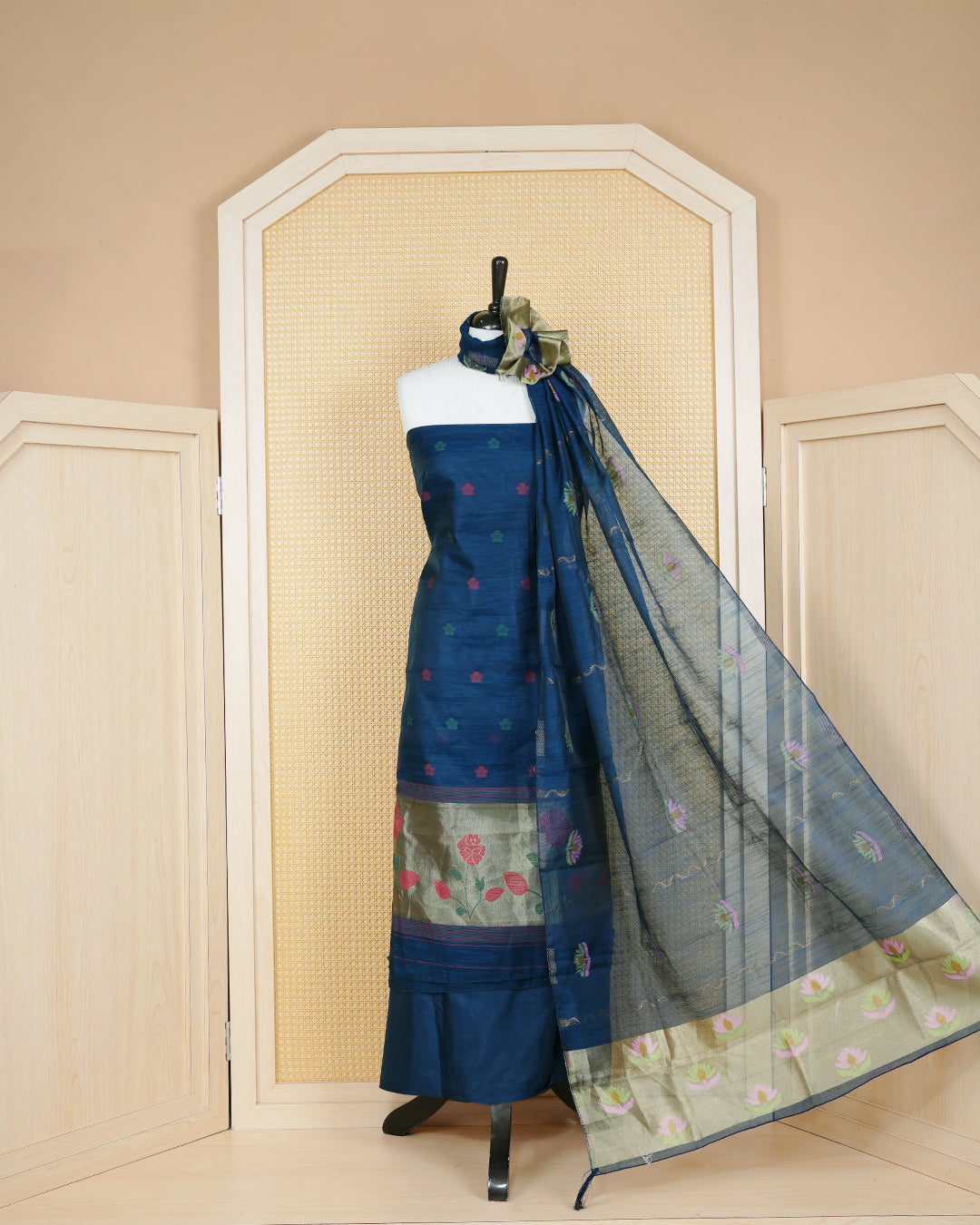 Dark Teal Blue and Gold Colour Semi Linen Material Featuring Floral Thread Pattern Plain Body, Paired with Matching Bottom & Elegant Dupatta