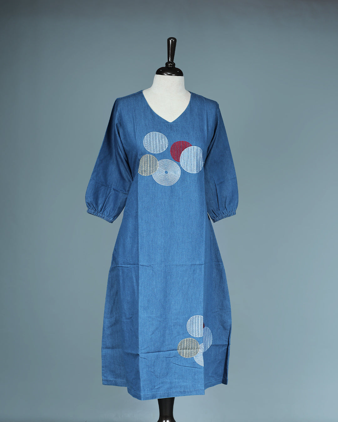 Light Blue Denim Design Colour Kurti featuring Thread Geometric Work On body , a U neckline, With sleeve.