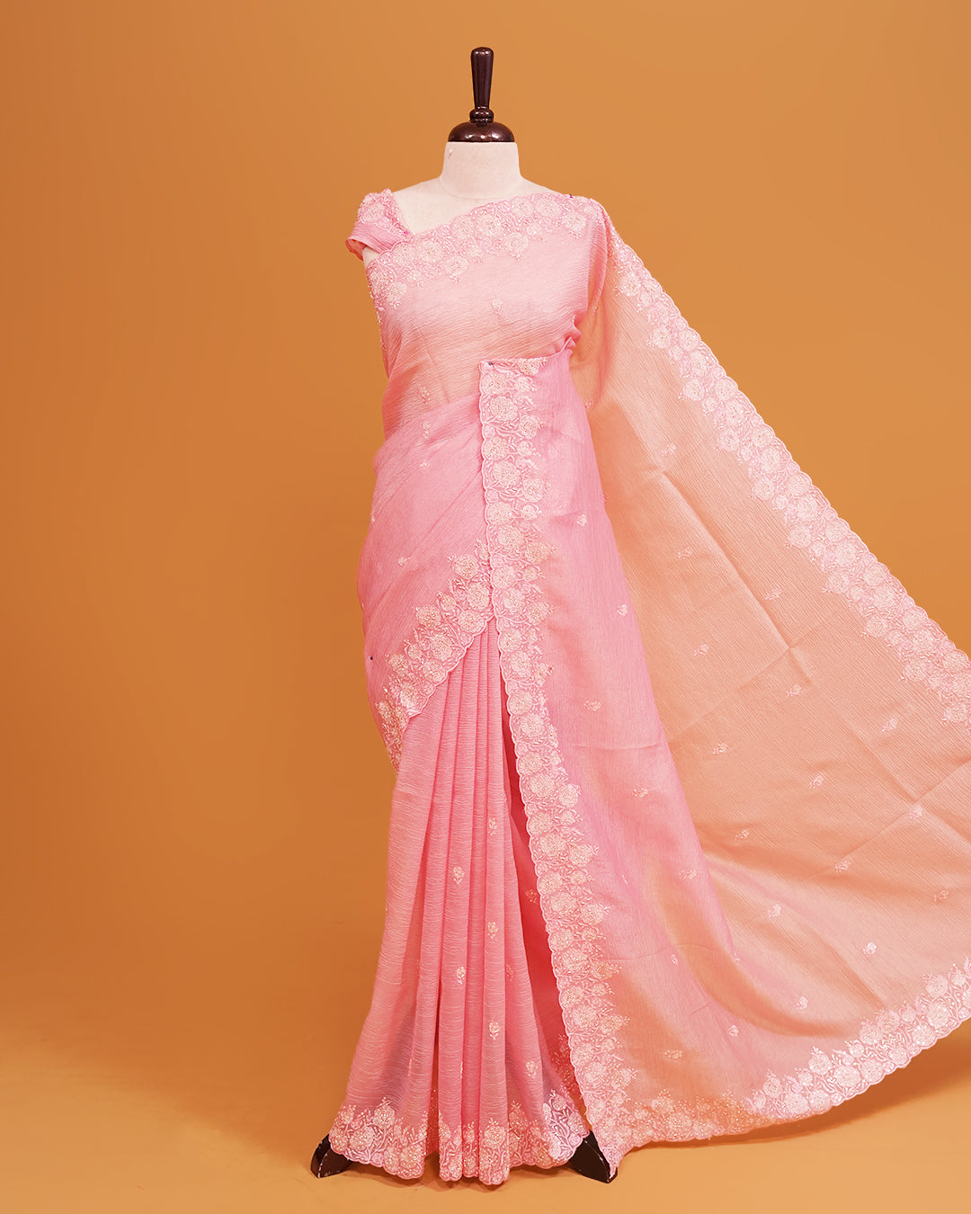Baby Pink colour Crush organza saree with Cut Beats & Sequins.