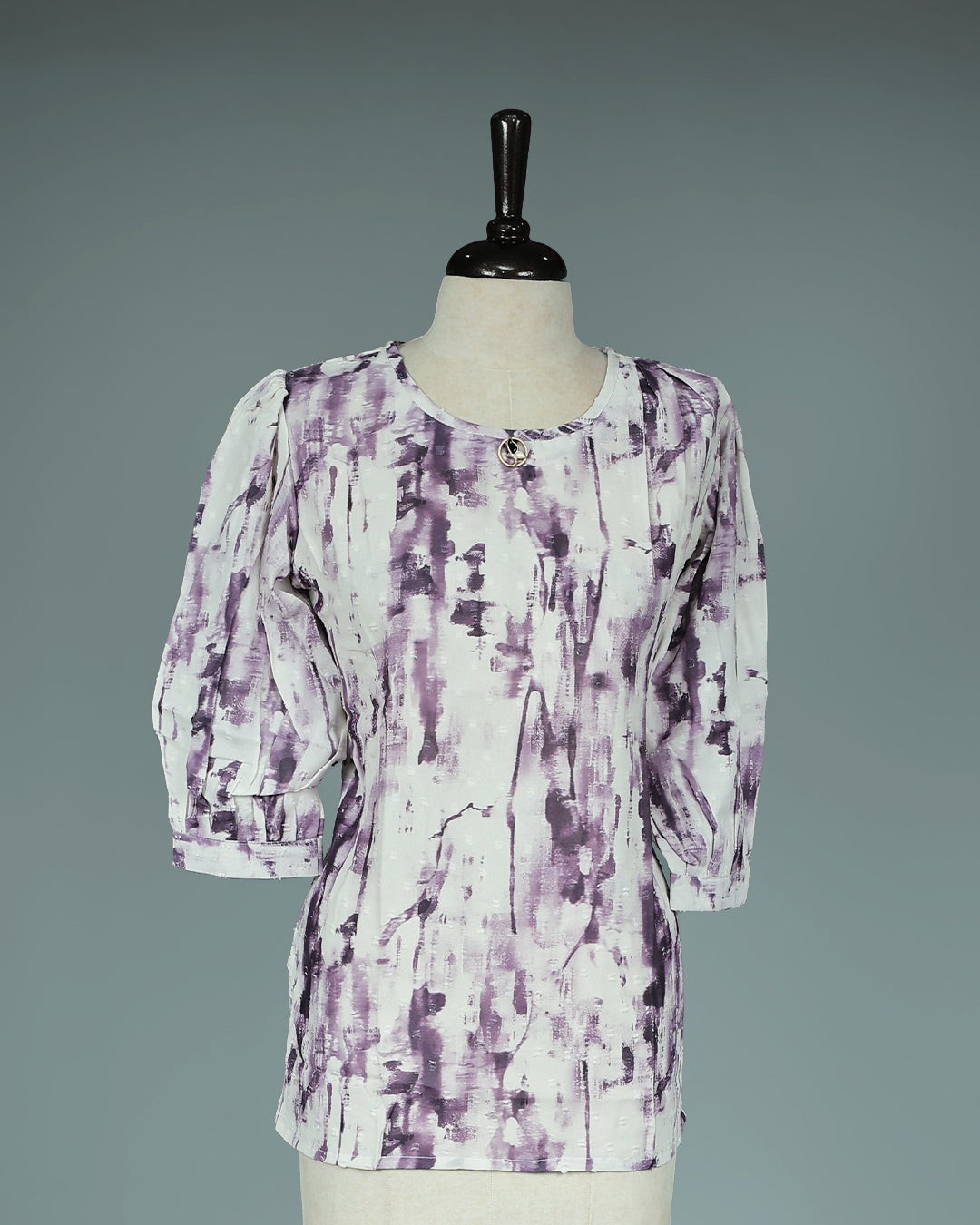 Purple colour Top with Print on body, Round neck design, With sleeve.