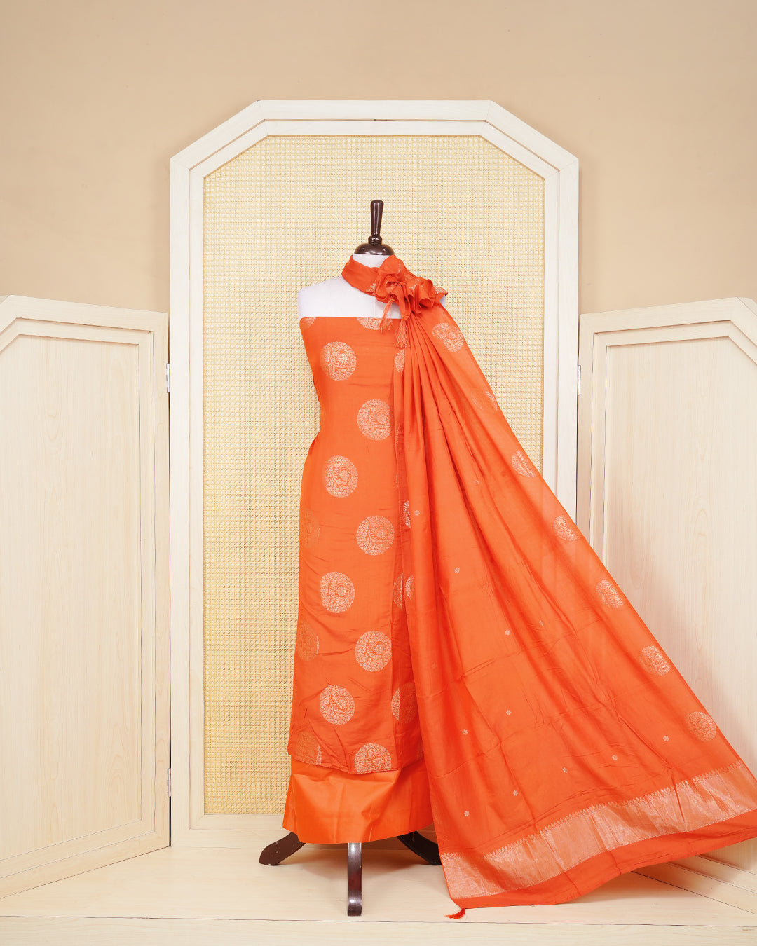 Rust orange colour Banaras salwar material Featuring Gold & silver Zari Floral motifs on body, paired with matching bottom & Elegant Dupatta