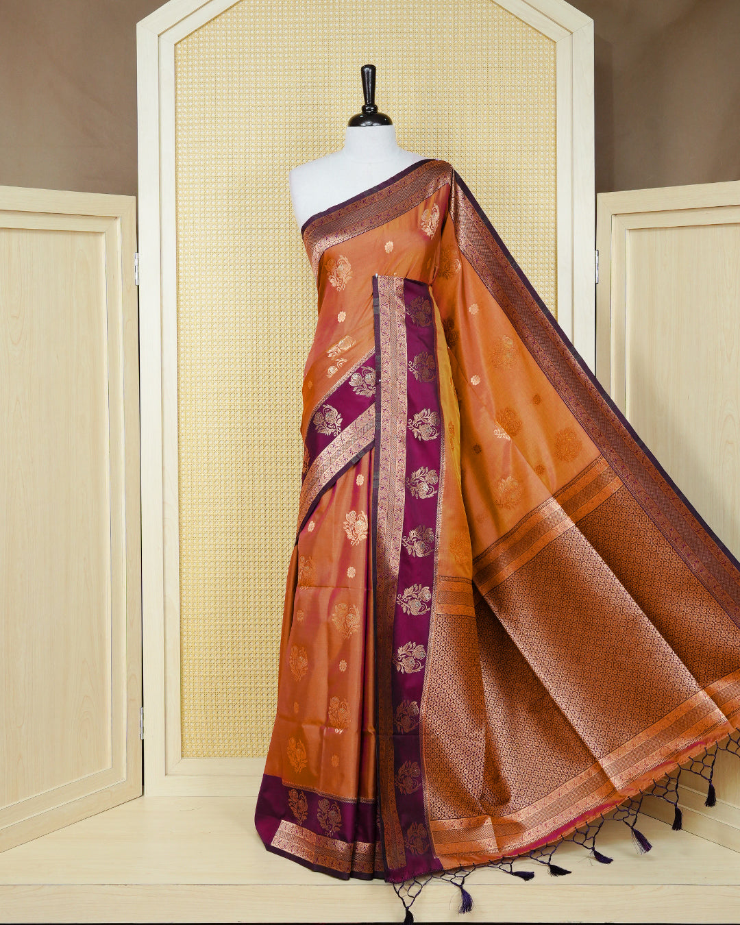Rust orange & gold double shade Mulberry silk saree featuring gold floral zari patterns on body , paired with contrast magenta colour with traditional border, comes with matching blouse piece.