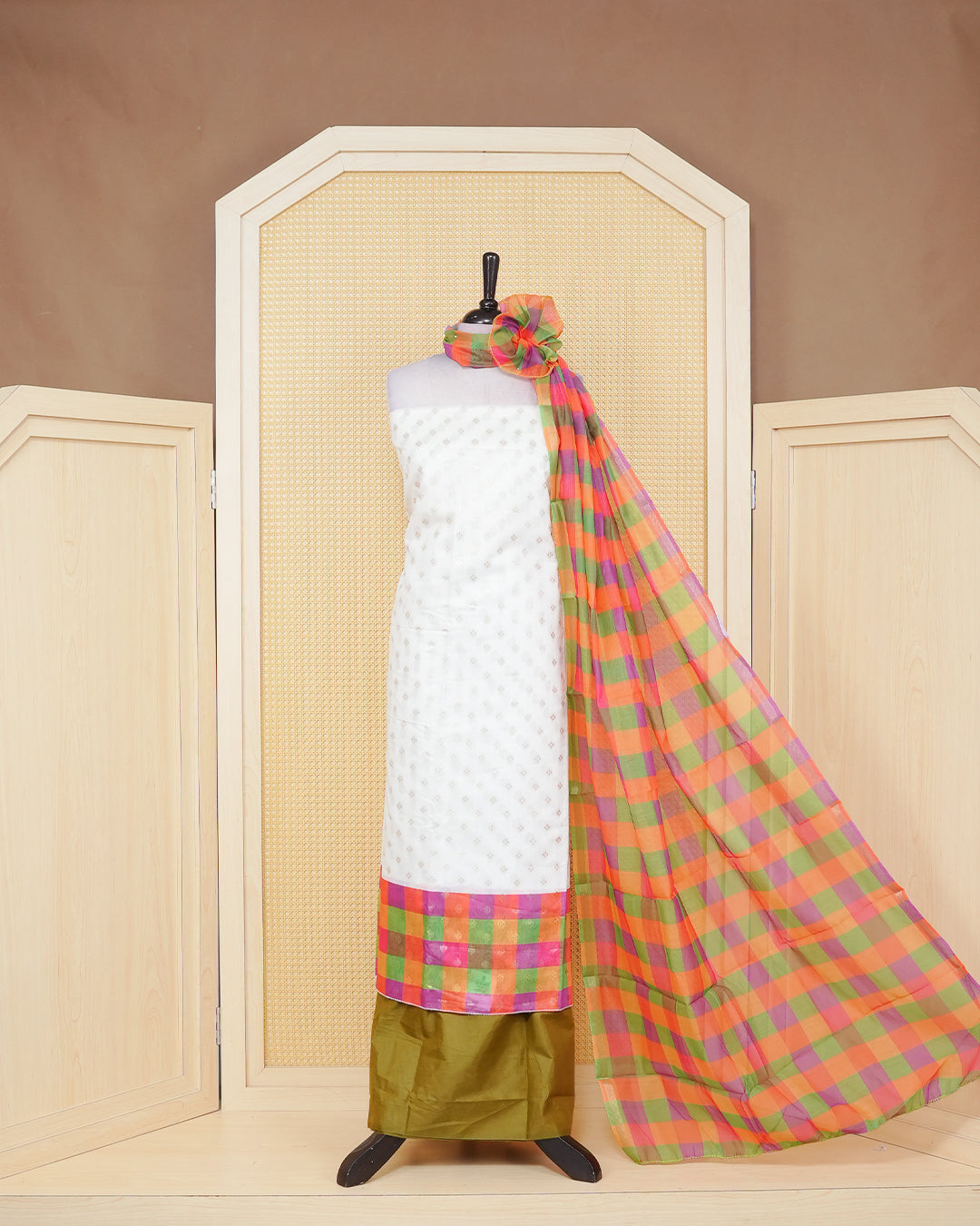 White & Dark Olive Chanderi salwar material featuring Gold zari Small motifs on body and Check pattern body, paired with matching colour santoon bottom, elegant dupatta.