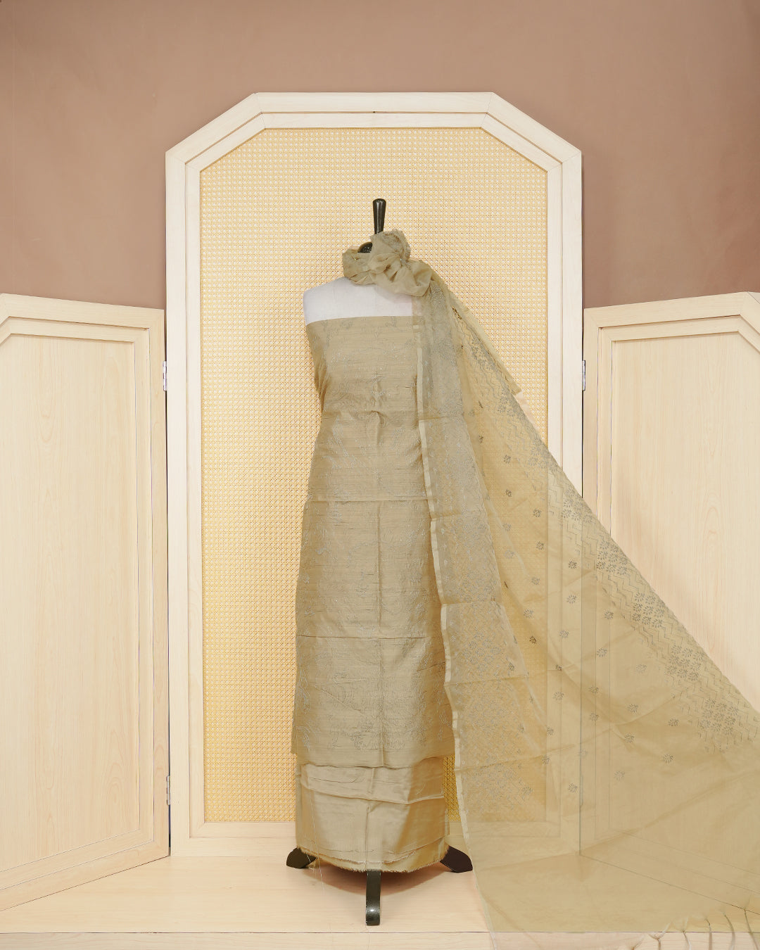Beige colour silk cotton Salwar material featuring Thread design Body without border, paired with matching bottom and beautiful dupatta.