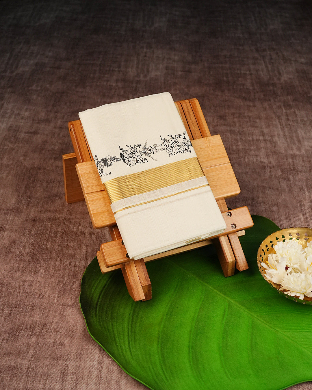Cream Coloured Cotton Double Dhoti with Onam Themed Prints and Gold Kara