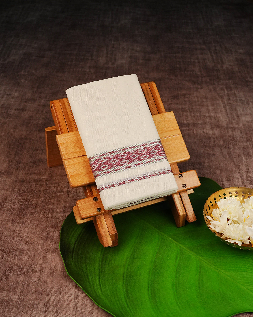 Cream Coloured Cotton Double Dhoti Finished with Red Colour Designed Silver Kara