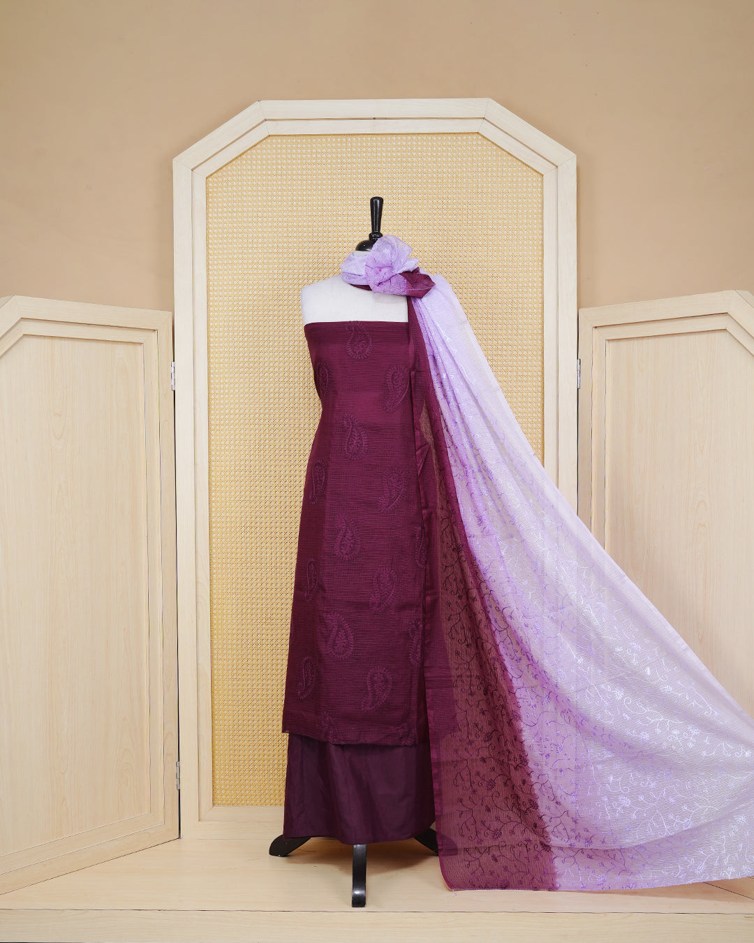 Wine & purple Colour Net Kota Material Featuring Floral Thread Pattern on Body, Paired with Matching Bottom & Elegant Dupatta