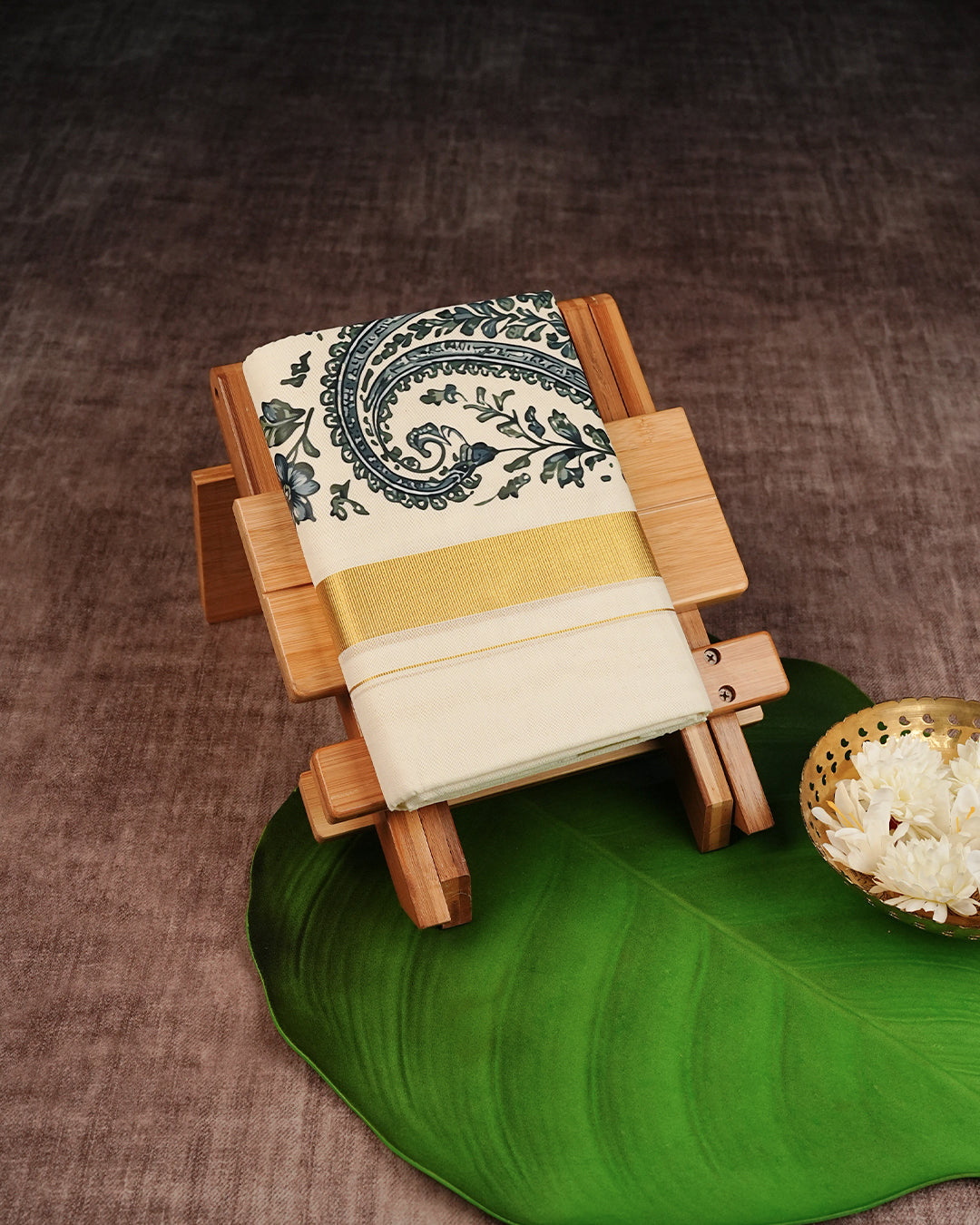 Cream Coloured Cotton Double Dhoti Finished Floral Prints & Gold Kara
