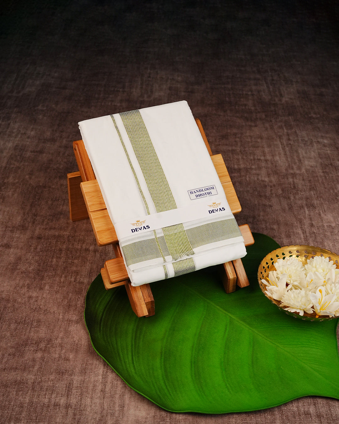 Off White Colour Handloom Cotton Double Dhoti Finished With A Green & Silver Striped kara.