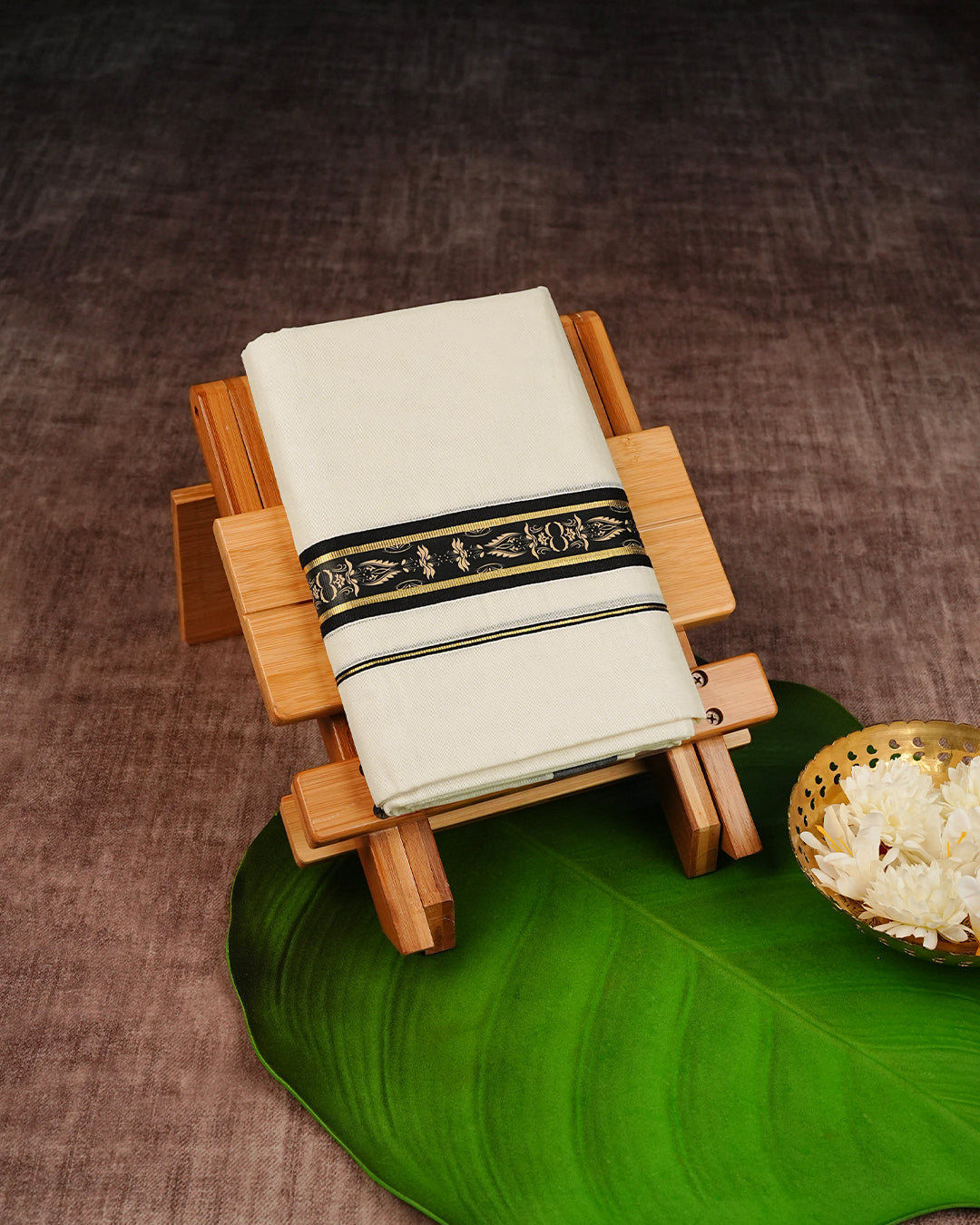 Cream Coloured Cotton Double Dhoti Finished with Cream Design Prints on Black & Gold Kara