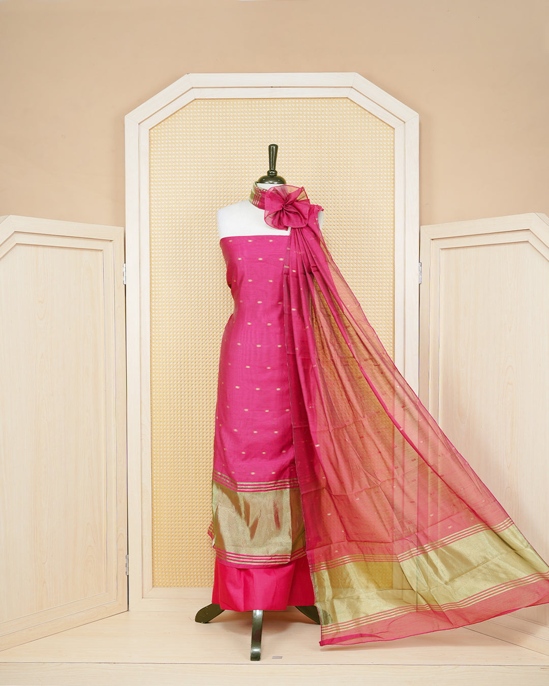 Maroon Colour Mul Chanderi Salwar Material Featuring Gold Zari Buttas on body, Paired With Matching Bottom & Elegant Dupatta