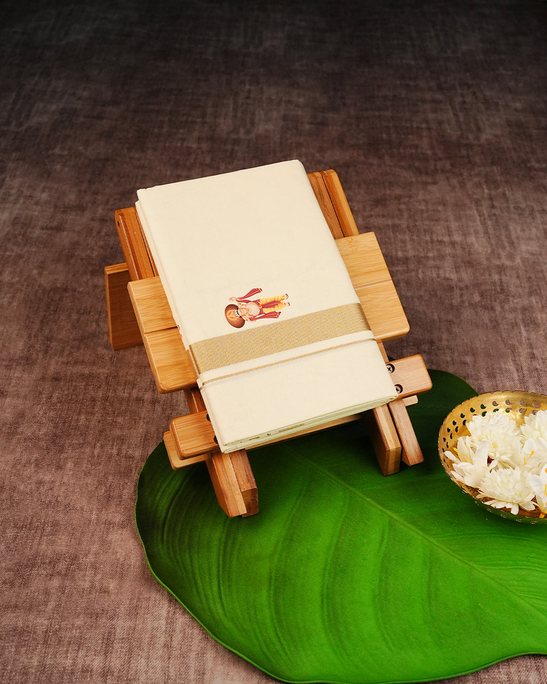 Cream Coloured Cotton Double Dhoti Finished with Maveli Prints & Gold Kara