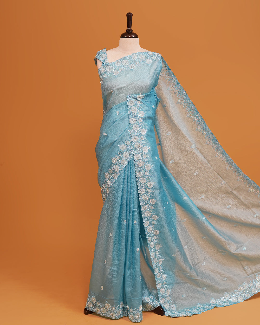 Pastel Blue colour Crush organza saree with Cut Beats & Sequins.