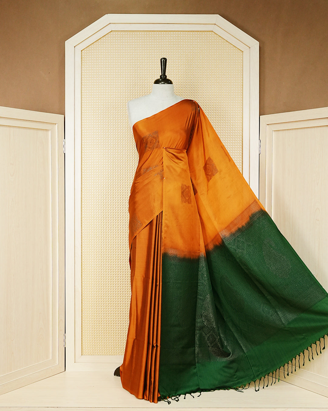 Mustard orange colour soft silk saree