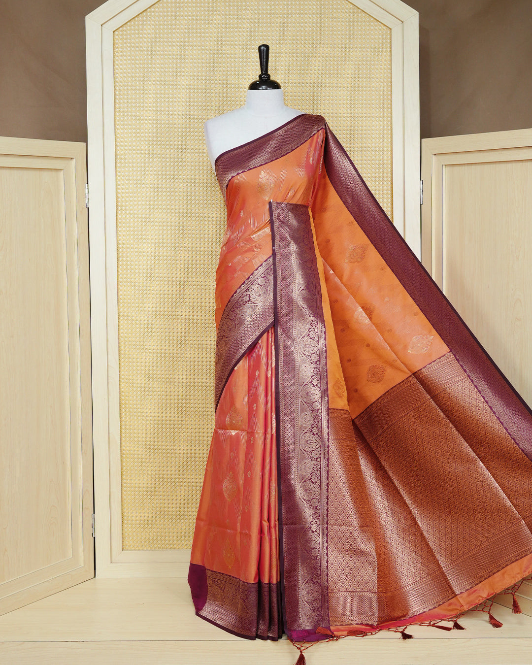 Rust orange & gold double shade Mulberry silk saree featuring gold floral zari patterns on body , paired with contrast magenta colour with traditional border, comes with matching blouse piece.