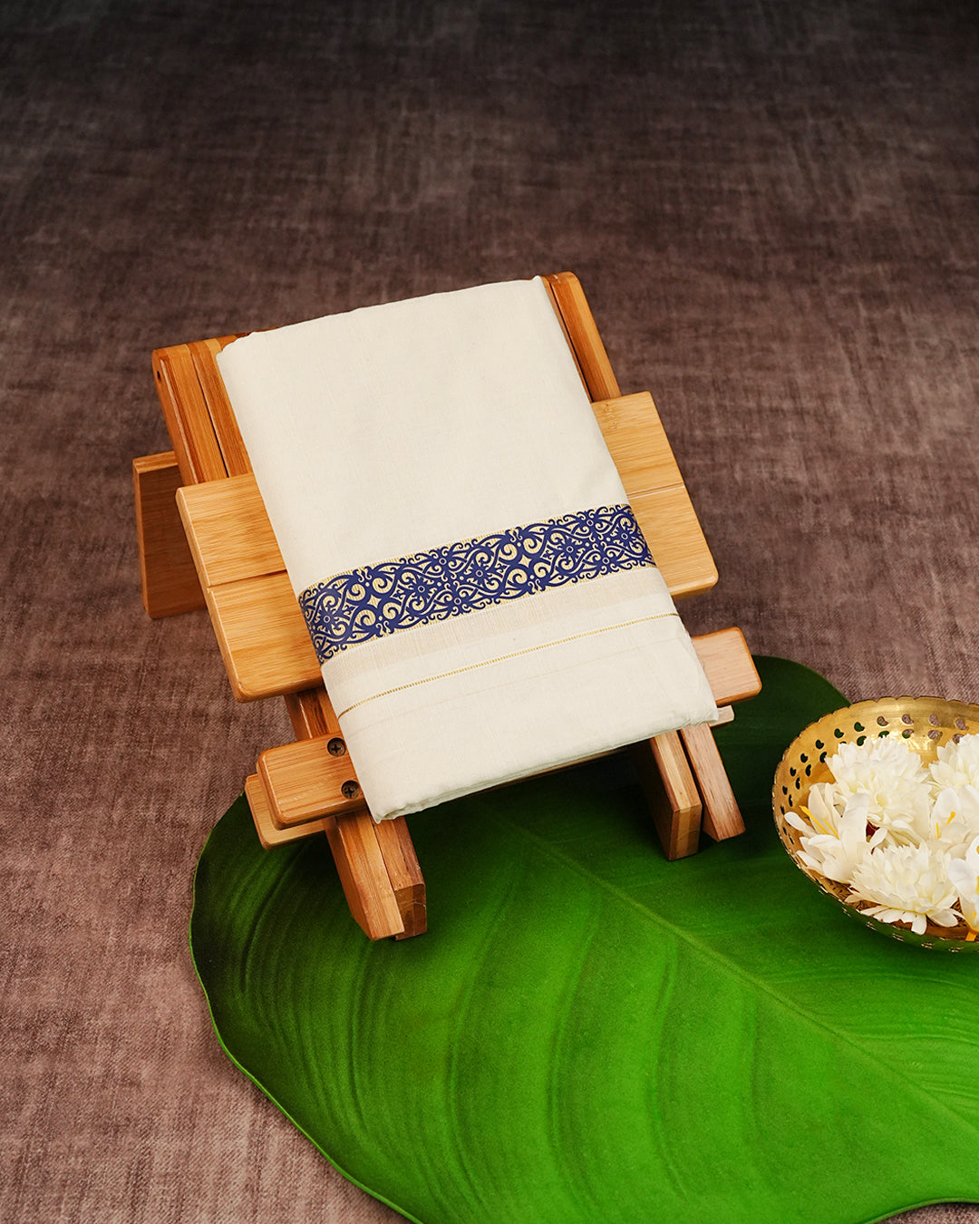 Cream Coloured Cotton Double Dhoti Finished with Blue Colour Designed Printed Gold Kara