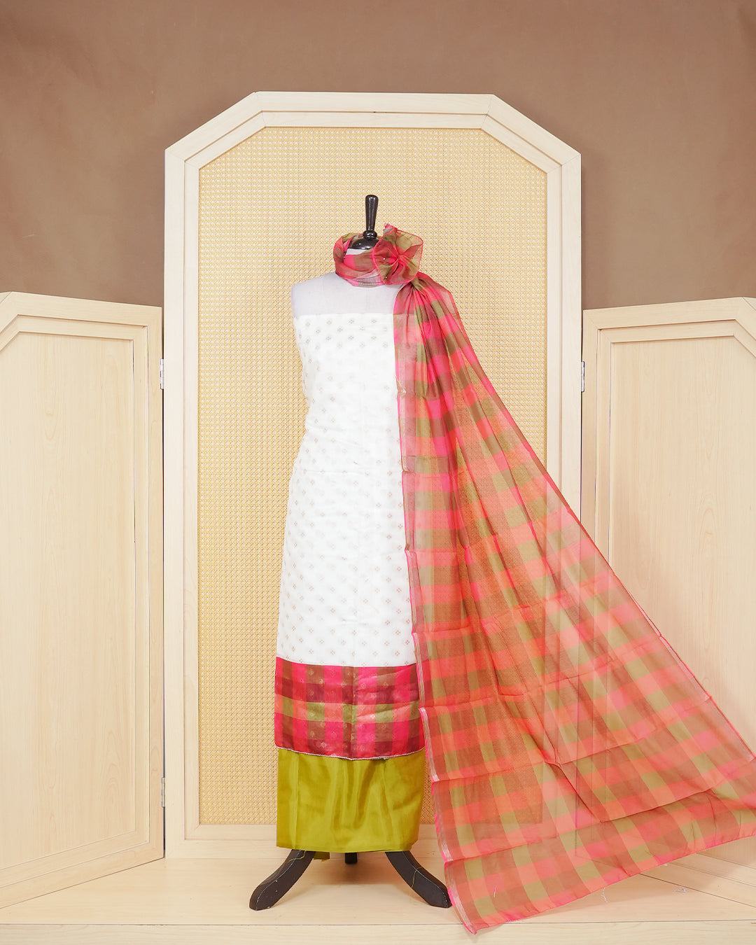 White & Olive Chanderi salwar material featuring Gold zari Small motifs on body and Check pattern body, paired with matching colour santoon bottom, elegant dupatta.