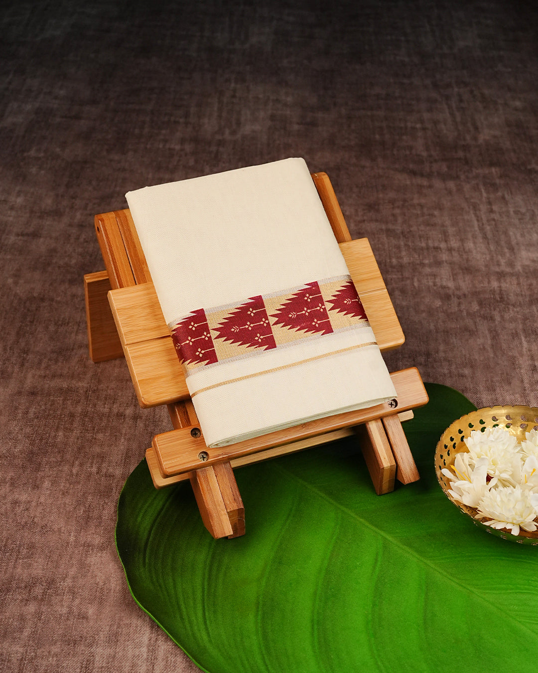 Cream Coloured Cotton Double Dhoti Finished with Maroon Temple & Floral Printed Gold Kara