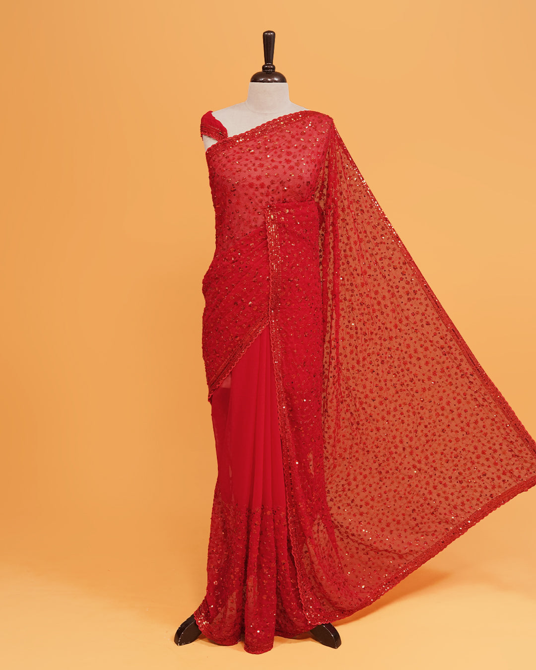 Red colour Organza saree with Cut Beats & Sequins