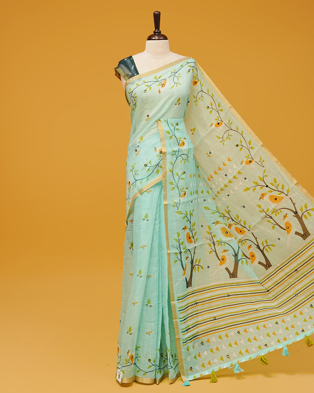 Light Aqua Colour Semi Linen Saree featuring birds print with mirror work, paired with matching printed blouse piece.