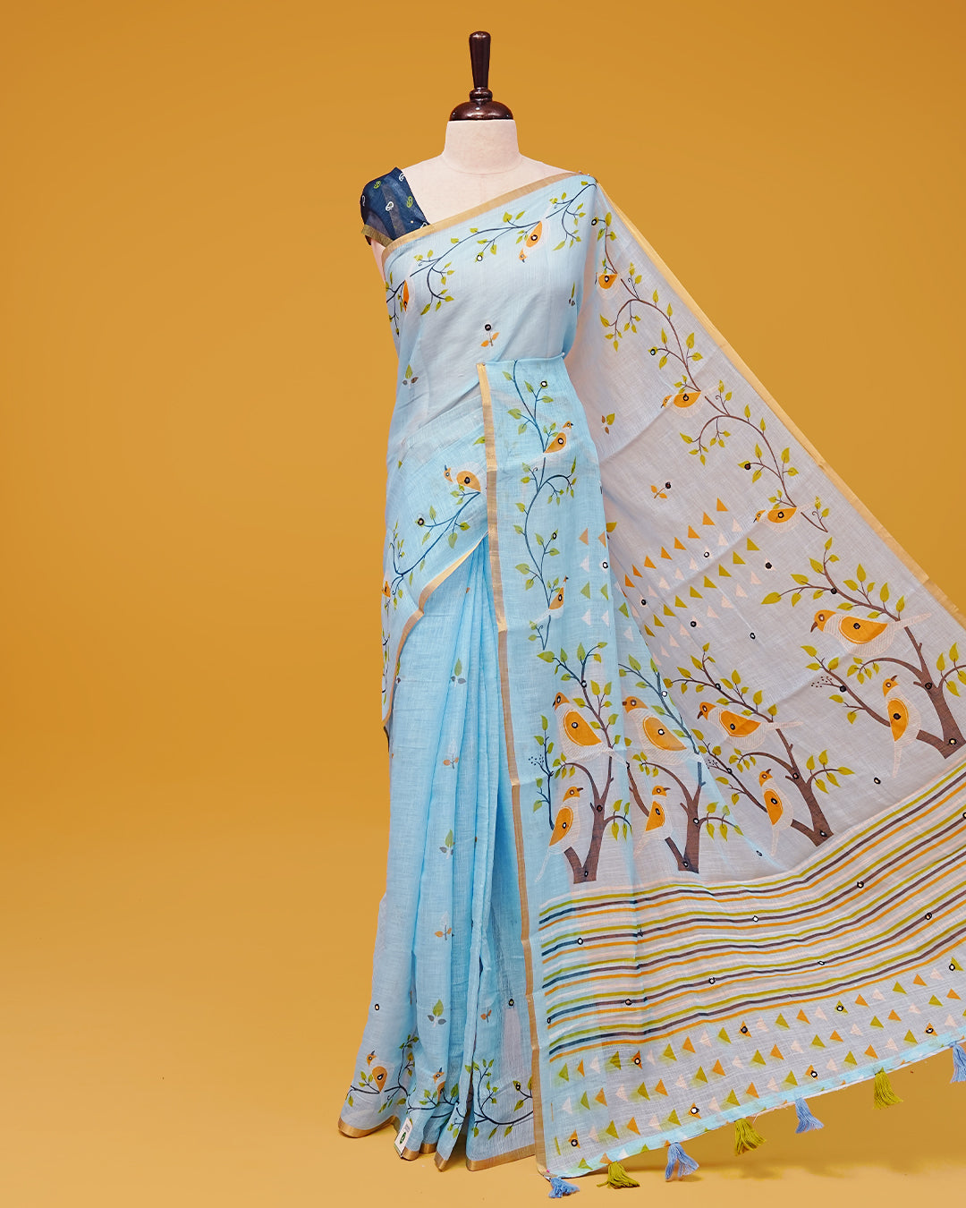 Light Blue Colour Semi Linen Saree featuring birds print with mirror work, paired with matching printed blouse piece.