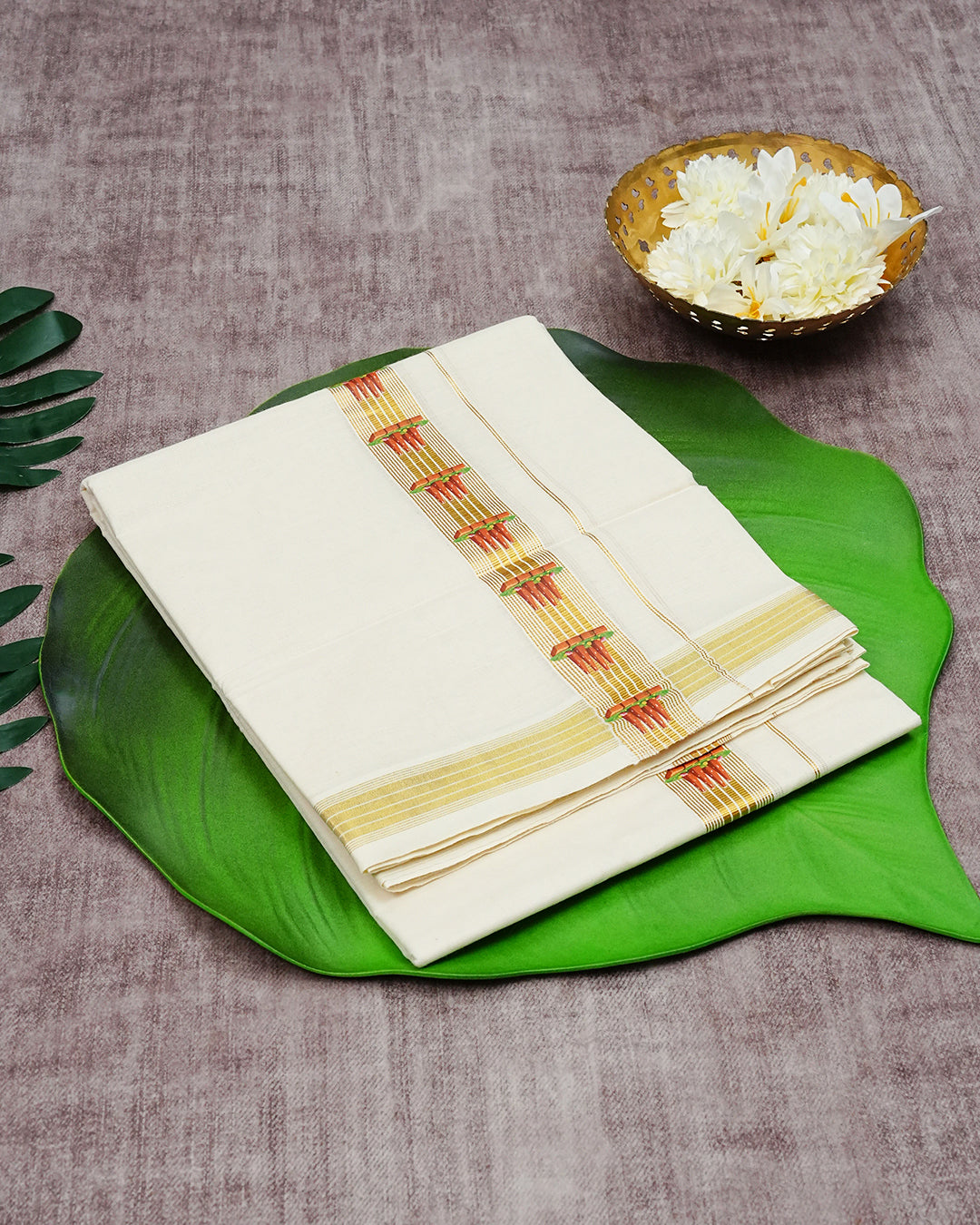 Cream Coloured Cotton Double Dhoti Finished with Onam Themed Printed Gold Kara