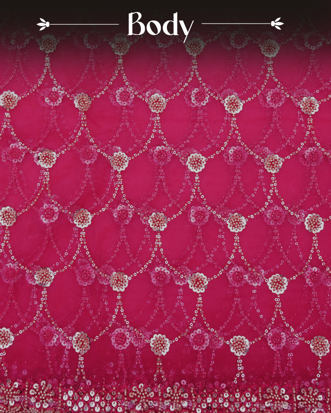 Rani pink colour Net Designer saree featuring Beats & Sequins geometric Pattern on body & worked border, comes with matching blouse piece.