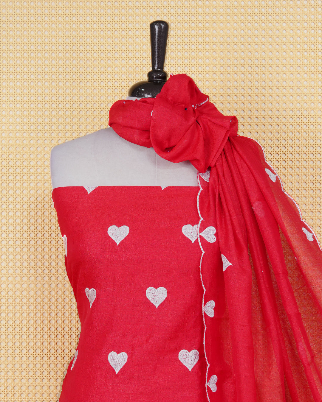Red Colour Georgette Salwar Material Featuring White Heart Shape Thread Work on body, Paired With Matching Bottom & Elegant Dupatta