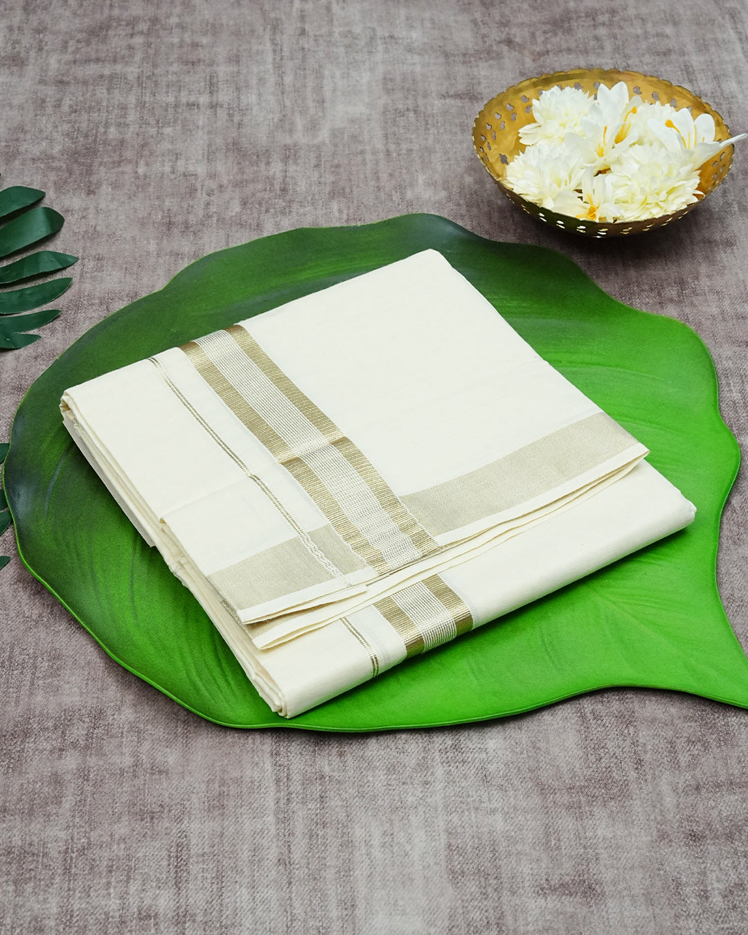 Cream Coloured Cotton Double Dhoti Finished with Gold Kara