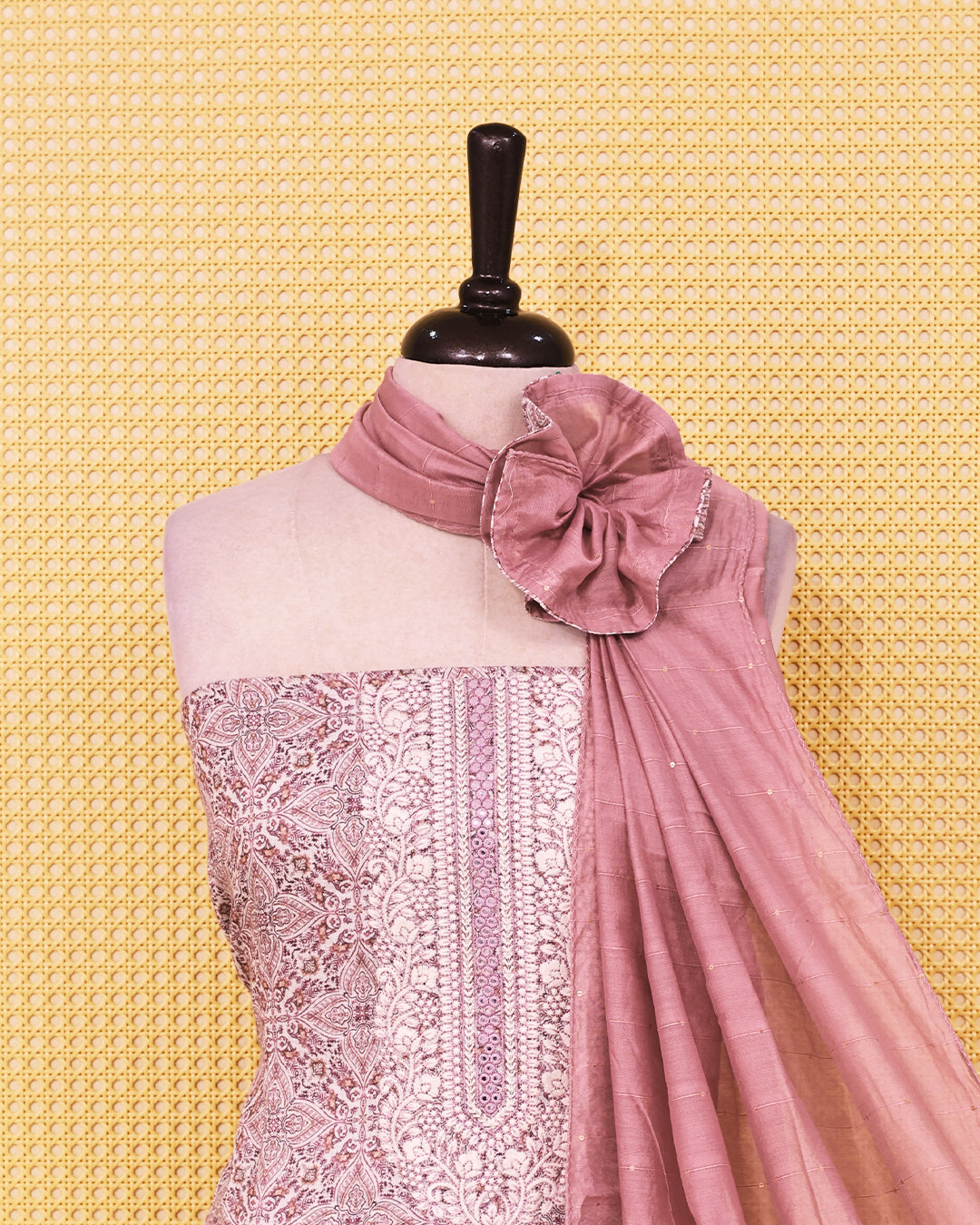 Dusty Pink colour linen Salwar Material featuring elegant printed patterns on the kurta, paired with a matching bottom and a self coloured sequins embellished dupatta.