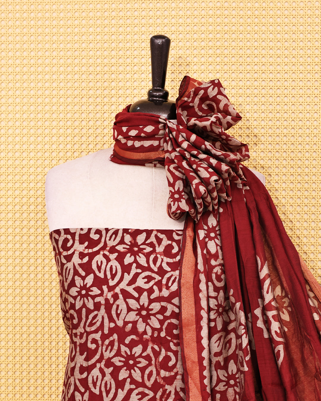 Maroon colour chanderi Salwar material Floral print on body, paired with matching bottom & Dupatta.