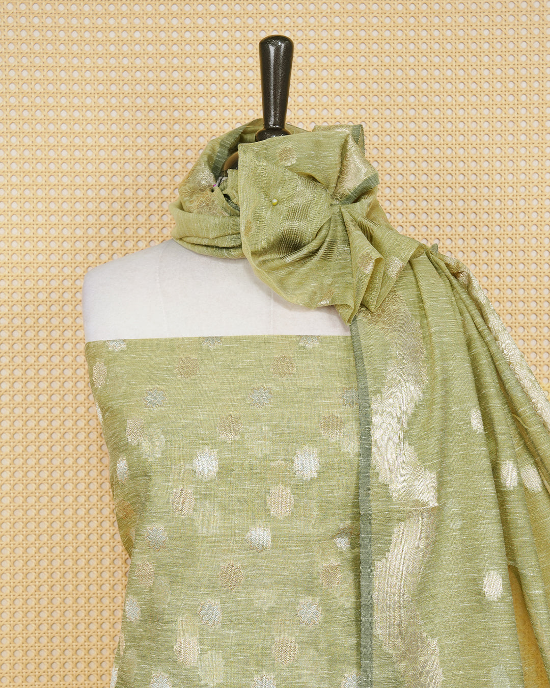 Olive colour salwar material featuring Gold and Silver Butta Design without border, paired with matching bottom and elegant dupatta.