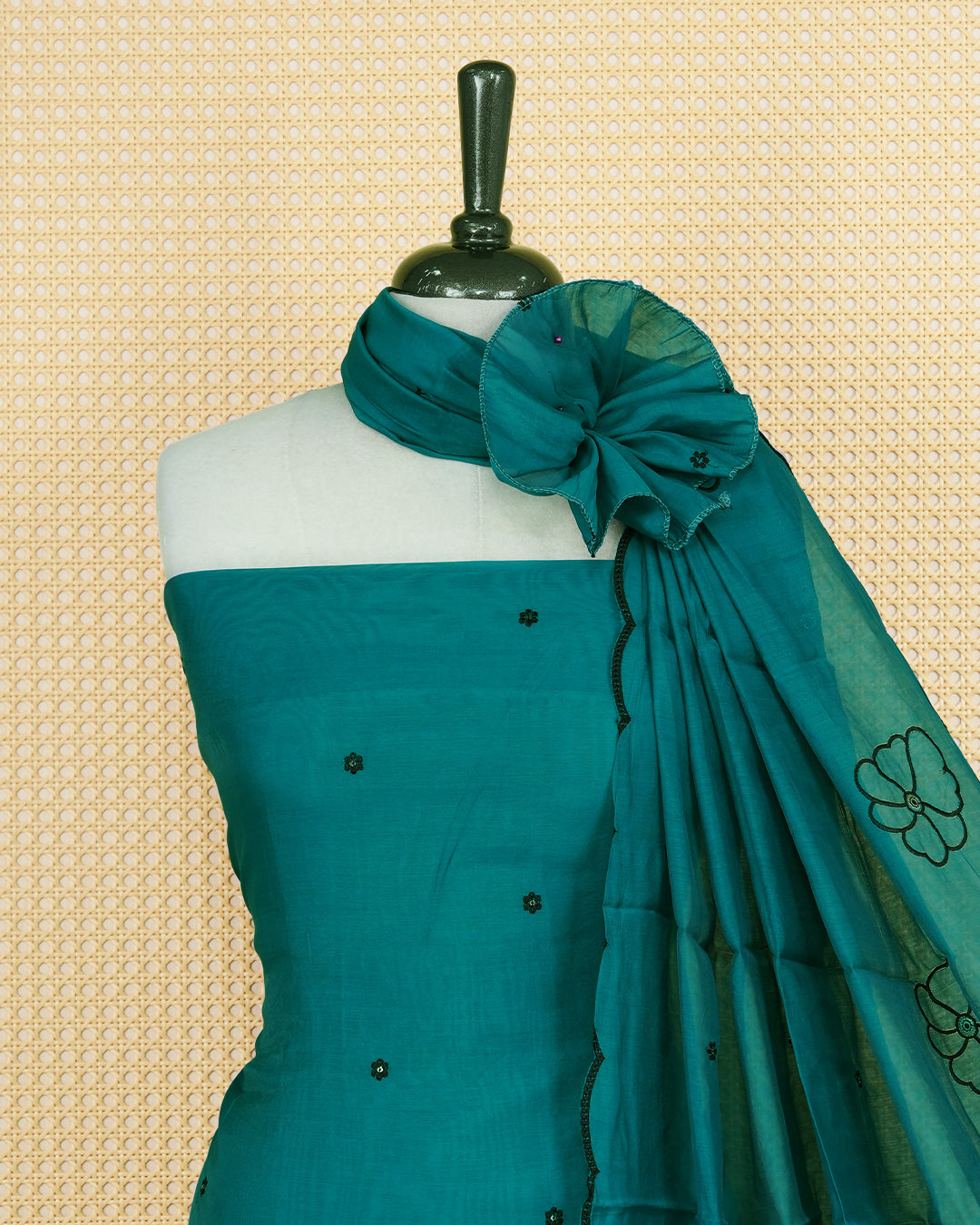 Pine Green colour Salwar Material Featuring Thread Work on body, paired with matching Bottom & Elegant Dupatta.