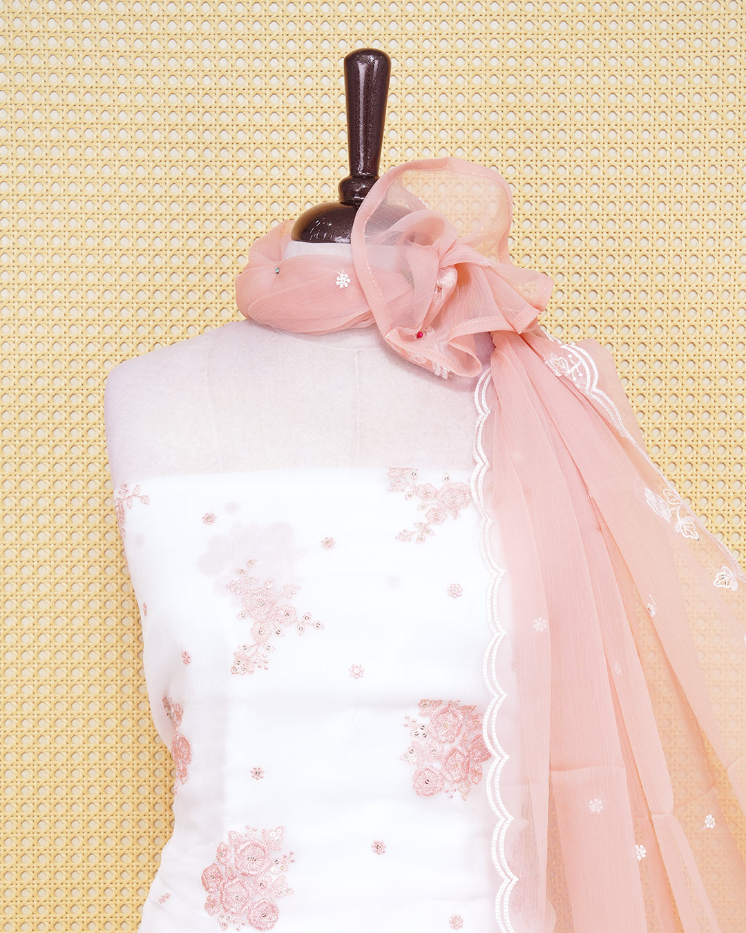 White Colour Organza Salwar Material Featuring Mirror and Peach Thread Work on body, Paired With Matching Bottom & Elegant Dupatta