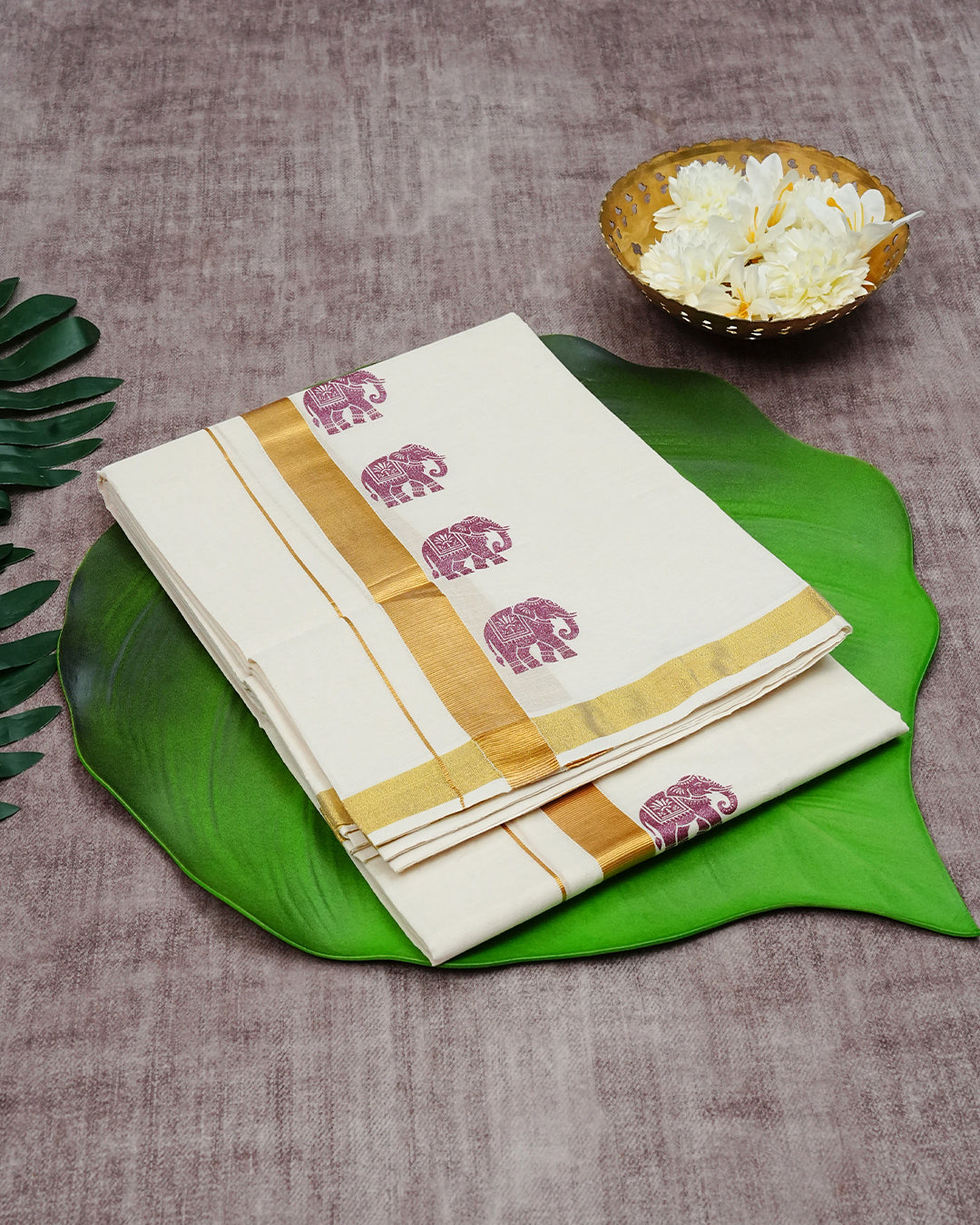 Cream Coloured Cotton Double Dhoti Finished with Magenta Elephant Prints & Gold Kara